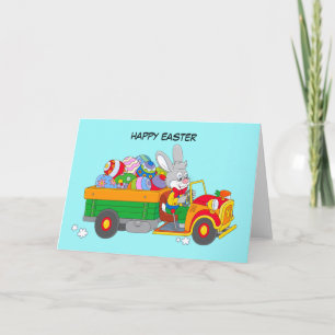 Cartão De Festividades Coelhinho Animado com cheio de Caminhão de ovos co