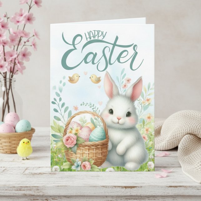 Cartão De Festividades Coelhinho Bonito Com Felz pascoa Personalizado De  (Cute Bunny With Basket Custom Happy Easter Holiday Card)
