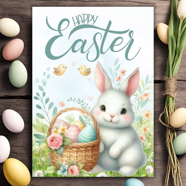 Cartão De Festividades Coelhinho Bonito Com Felz pascoa Personalizado De  (Cute Bunny With Basket Custom Happy Easter Holiday Card with customizable text.)