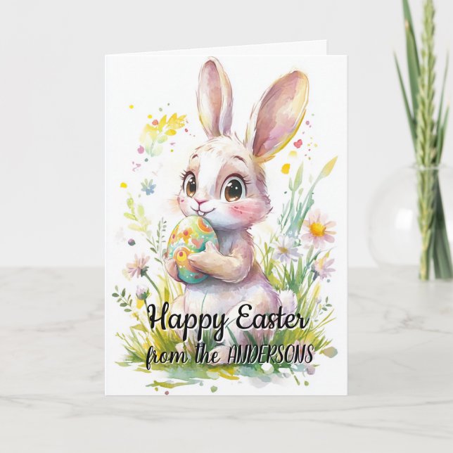 Cartão De Festividades Coelhinho bonito com ovos de Páscoa e flores (Frente)