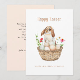 Cartão De Festividades Coelhinho bonito e ovos saudações achatadas de Fel