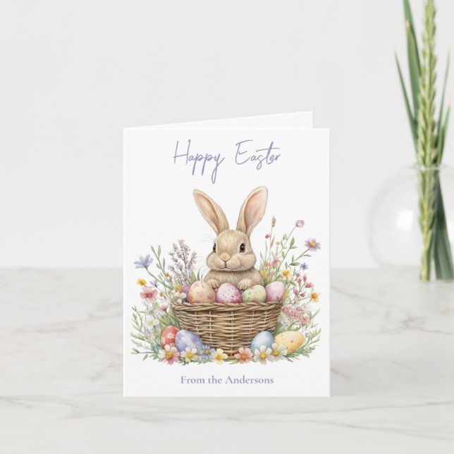 Cartão De Festividades Coelhinho de Aquarela Adorável e Frio de Ovos de P (Frente)