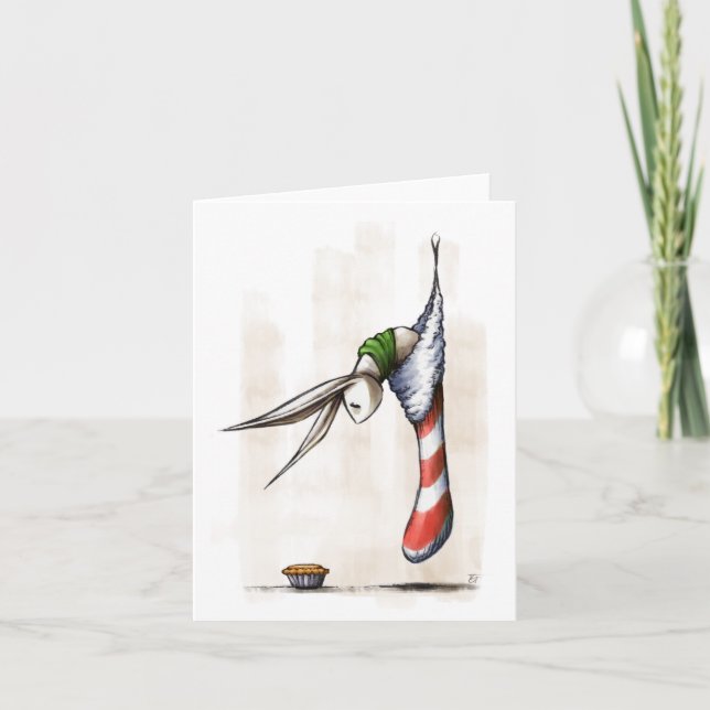 Cartão De Festividades Coelhinho de Natal em um estoque com uma tarte (Frente)