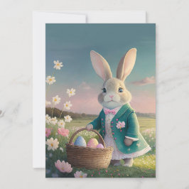 Cartão De Festividades Coelhinho de Páscoa bonito em jaqueta azul