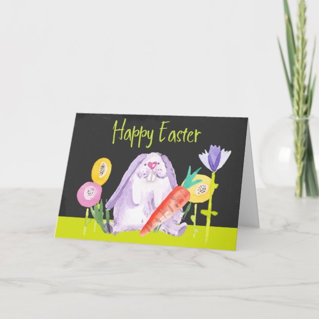 Cartão De Festividades Coelhinho De Páscoa Com Cenoura E Flores (Frente)