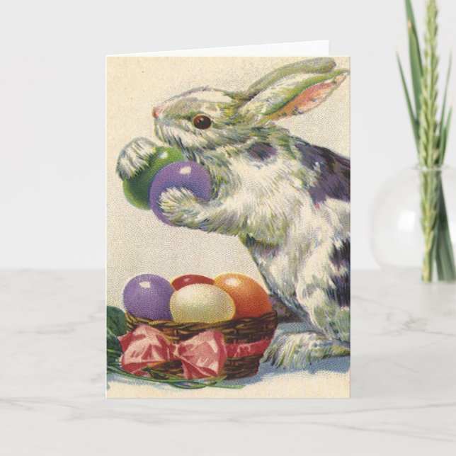 Cartão De Festividades Coelhinho de Páscoa com Ovos de Páscoa numa Cesta (Frente)