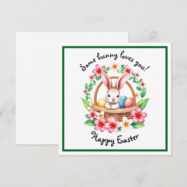Cartão De Festividades Coelhinho de Páscoa e cesto de ovos (Frente/Verso)