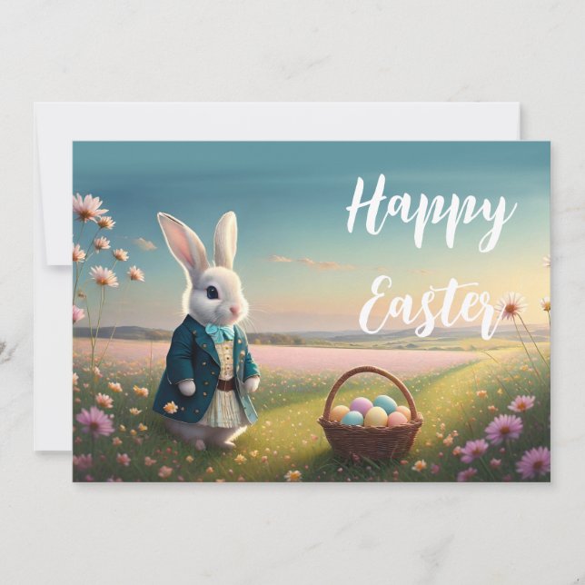 Cartão De Festividades Coelhinho de Páscoa em jaqueta azul (Frente)