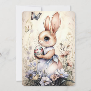 Cartão De Festividades Coelhinho de Páscoa giro segurando ovos em flores 