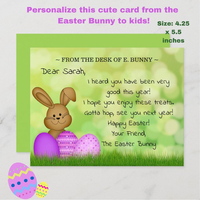 Cartão De Festividades Coelhinho de Páscoa Personalizado para Crianças Si (Add magic to a child's Easter with this cute personalized "From the Easter Bunny" card!)