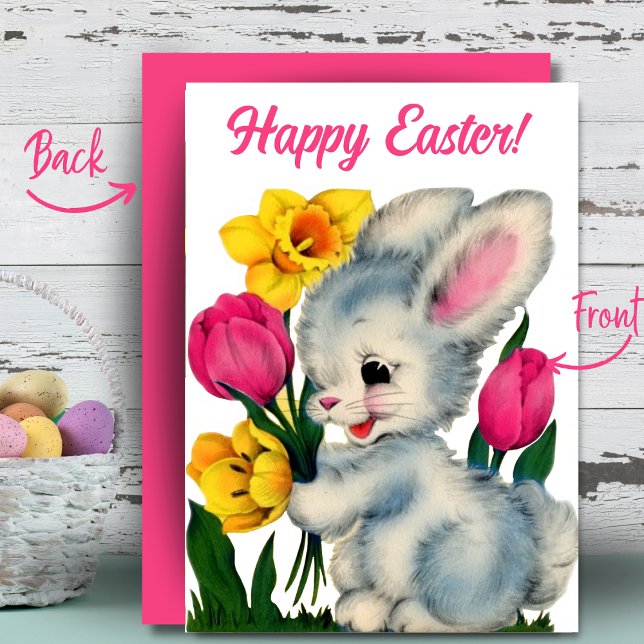 Cartão De Festividades Coelhinho Em Flores Felz pascoa Retro Personalizad (Bunny In Flowers Happy Easter Custom Retro Holiday Card. Add your name and/or a special message!)