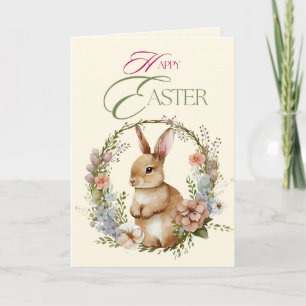 Cartão De Festividades Coelhinho Floral de Aquarela Adorável Coroa de Pás