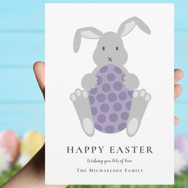 Cartão De Festividades Coelhinho Moderno e Páscoa de Ovo (Happy Easter cute bunny and spotty Easter egg simple family Easter greetings card)