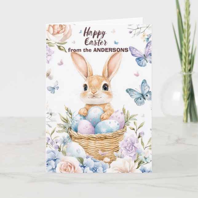 Cartão De Festividades Coelhinho na cesta com ovos de Páscoa (Frente)