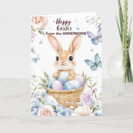 Cartão De Festividades Coelhinho na cesta com ovos de Páscoa