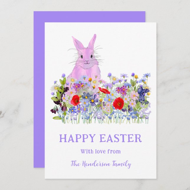 Cartão De Festividades Coelhinho Rosa-felz pascoa e flores selvagens (Frente/Verso)