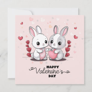 Cartão De Festividades Coelhinhos de Desenho Animado Fofos Amantes Coraçõ