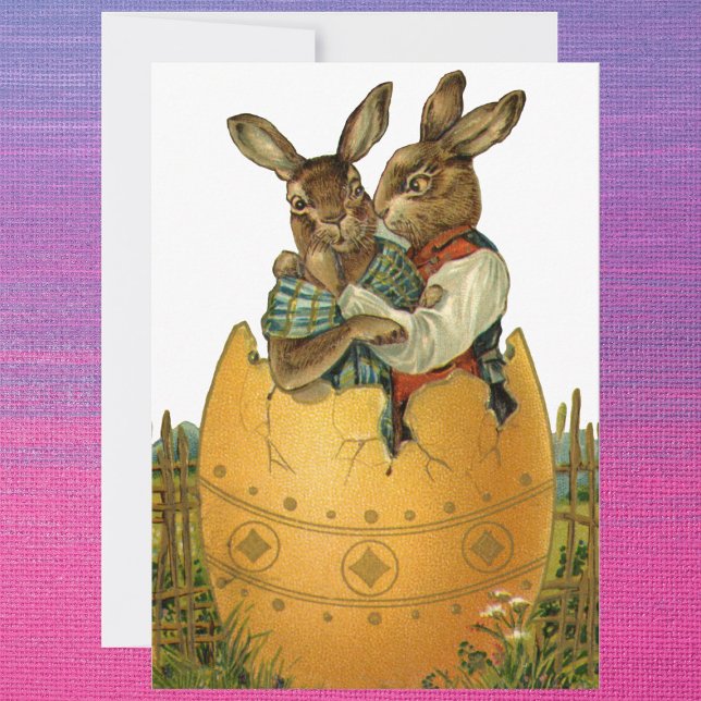 Cartão De Festividades Coelhinhos em um Ovo de Ouro, Páscoa Vitoriana Ant (Criador carregado)