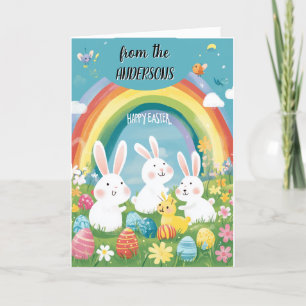 Cartão De Festividades Coelhinhos orientais arco-íris e feliz Páscoa