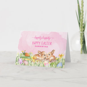 Cartão De Festividades Coelhinhos Pink Easter Aquarela Fofa