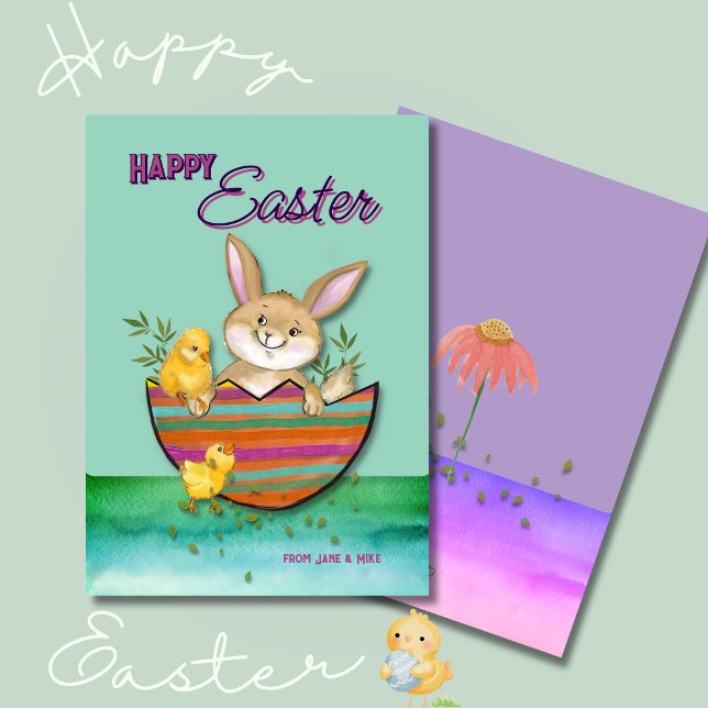 Cartão De Festividades Coelho Adorável da Páscoa com pintinhos (Adorable Easter Bunny with chicks Holiday Card)