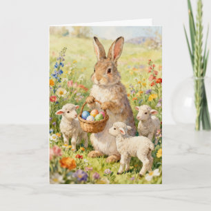 Cartão De Festividades Coelho da Páscoa e Cordeiros da Primavera