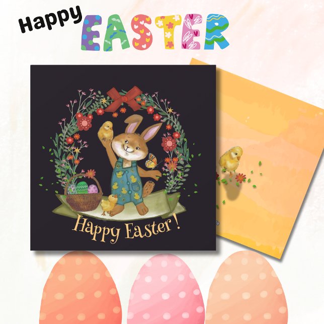 Cartão De Festividades Coelho da Páscoa e pintinhos de amarelo preto (Easter bunny and chicks black yellow holiday card)