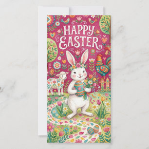 Cartão De Festividades Coelho da Páscoa Feliz Segurando Ovo Decorado