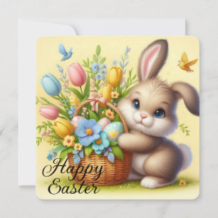 Cartão De Festividades Coelho da Páscoa Fofo com Flores e Cesta