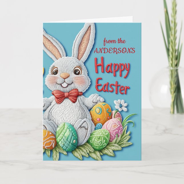 Cartão De Festividades coelho de algodão e ovos de Páscoa feliz Páscoa (Frente)