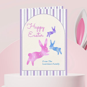 Cartão De Festividades Coelho de Aquarela Rosa Azul Roxo Páscoa Personali