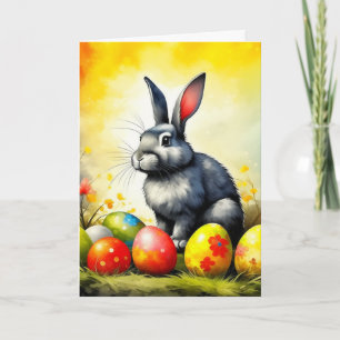 Cartão De Festividades Coelho de Páscoa Impressionismo Cinza e Branco