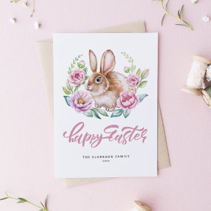 Cartão De Festividades Coelho em Aquarela com Coroa Floral Rosa Feliz Pás