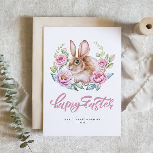 Cartão De Festividades Coelho em Aquarela com Coroa Floral Rosa Feliz Pás