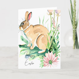 Cartão De Festividades Coelho em aquarela no jardim de flores personaliza