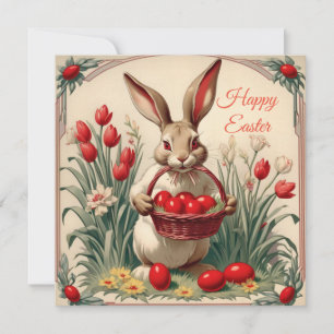 Cartão De Festividades Coelho feliz da Páscoa com cesto de ovos