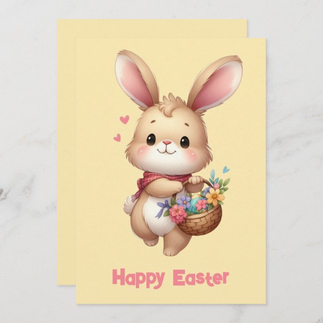 Cartão De Festividades Coelho Fofo com cesta e xale amarelo (Frente/Verso)