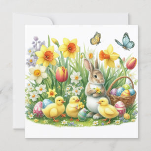 Cartão De Festividades Coelho/Frango clássico/vintage de primavera