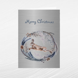 Cartão De Festividades Coelho Prateado de Natal Floral Aquarela 