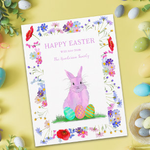 Cartão De Festividades Coelho Rosa da Páscoa Personalizado com Floral de