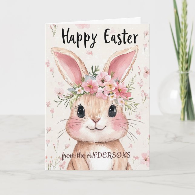 Cartão De Festividades coelho rosa e floral (Frente)
