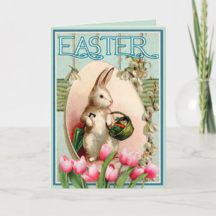 Cartão De Festividades Coelho Vintage Tulipa Floral E Ovo De Páscoa 