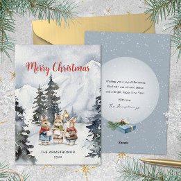 Cartão De Festividades Coelhos Cantores de Natal em Aquarela Azul Pizarra