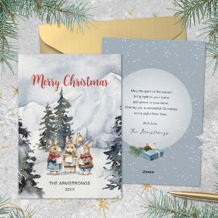 Cartão De Festividades Coelhos Cantores de Natal em Aquarela Azul Pizarra