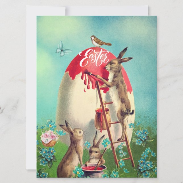 Cartão De Festividades Coelhos de Páscoa Antigos e um Ovo Gigante (Frente)
