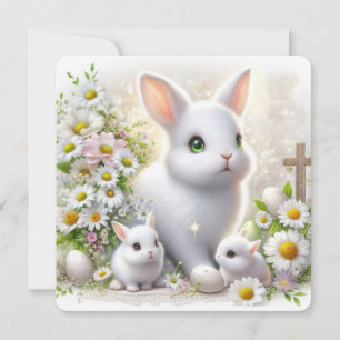Cartão De Festividades Coelhos de Páscoa Fofos e Margaridas com uma Cruz