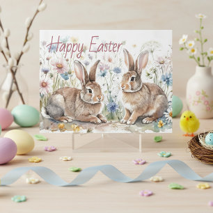 Cartão De Festividades Coelhos de Páscoa Personalizados e Aquarela Floral