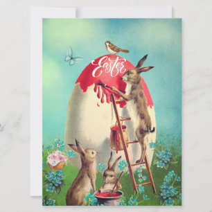 Cartão De Festividades Coelhos de Páscoa Vintage e um Ovo Gigante