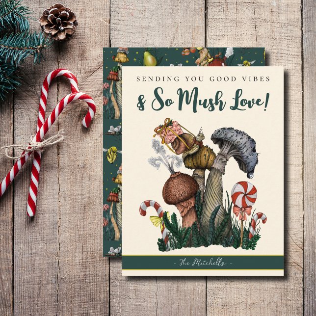 Cartão De Festividades Cogumelos de Caracol Verde Bonito Boa Víbula Natal (So Mush Love Mushroom Christmas Cards)