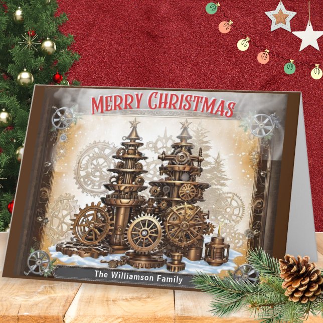 Cartão De Festividades Cogumelos Steampunk Machinery Árvores Feliz Natal (Criador carregado)